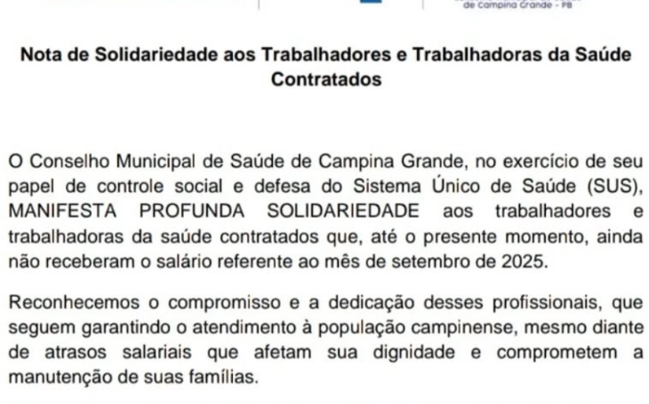 O Conselho Municipal de Saúde manifesta solidariedade aos servidores que não receberam salários em Campina Grande